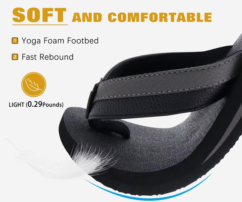 KuaiLu Men's Leather Flip Flops Arch Support Summer Beach Pool Water Thong Sandals Waterproof Rubber Walking Shoes Slip on Orthotic Casual Sport Cushioned Wide Slides Shower Slippers Black Size 12 - Image 3